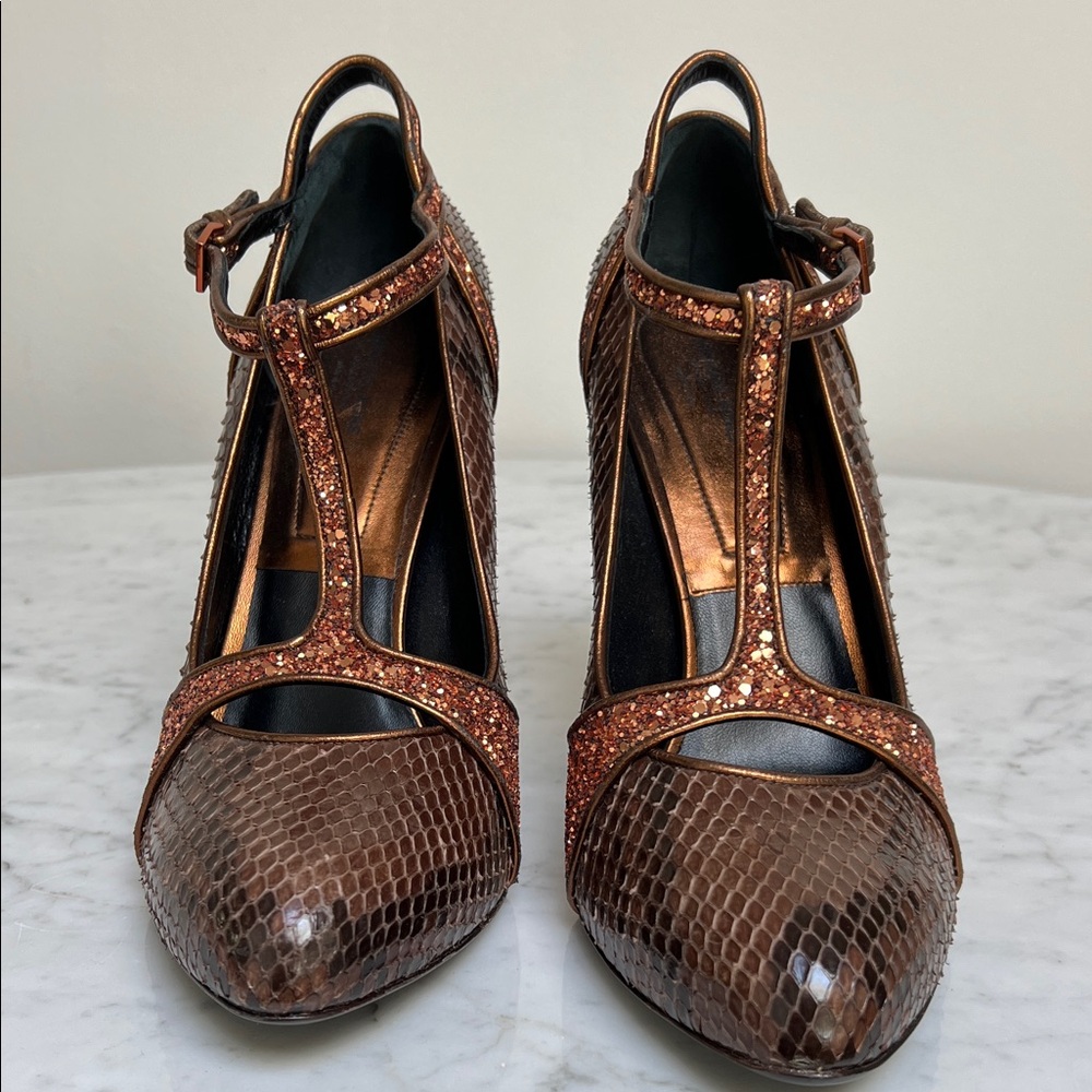 Michael Kors Collection Elegant Brown Python and Glitter T-Strap Heels
